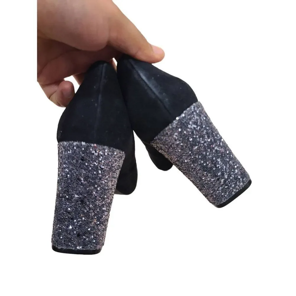 Nine West Sparkle Heels Womens 9M US Black‎ Faux Suede Glitter Chunky High Heels